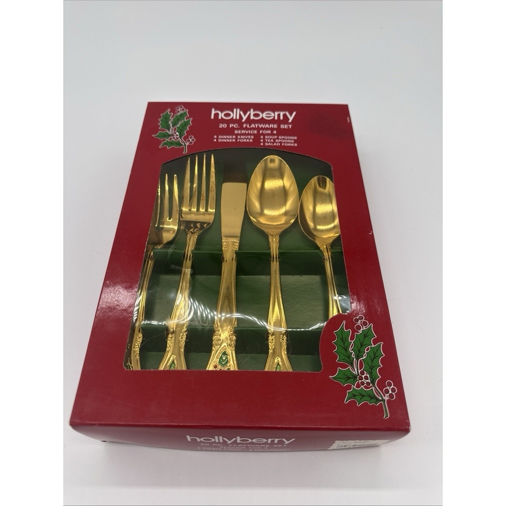 VTG Hollyberry Gold Plated Flatware NIB 20 PC Flatware Set Service For 4